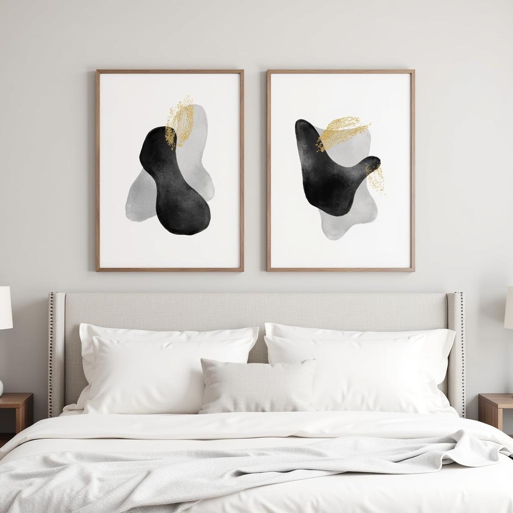 Black white and gold abstract art in a serene bedroom setting