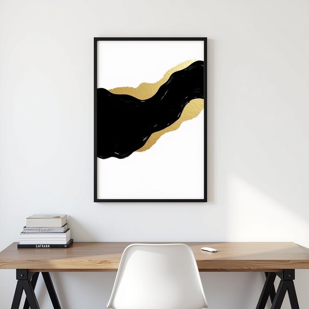 Black white and gold abstract art in a modern home office