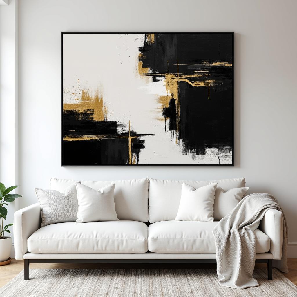 Black White and Gold Abstract Canvas Art: A modern living room featuring a large black, white, and gold abstract canvas art piece above a white sofa.