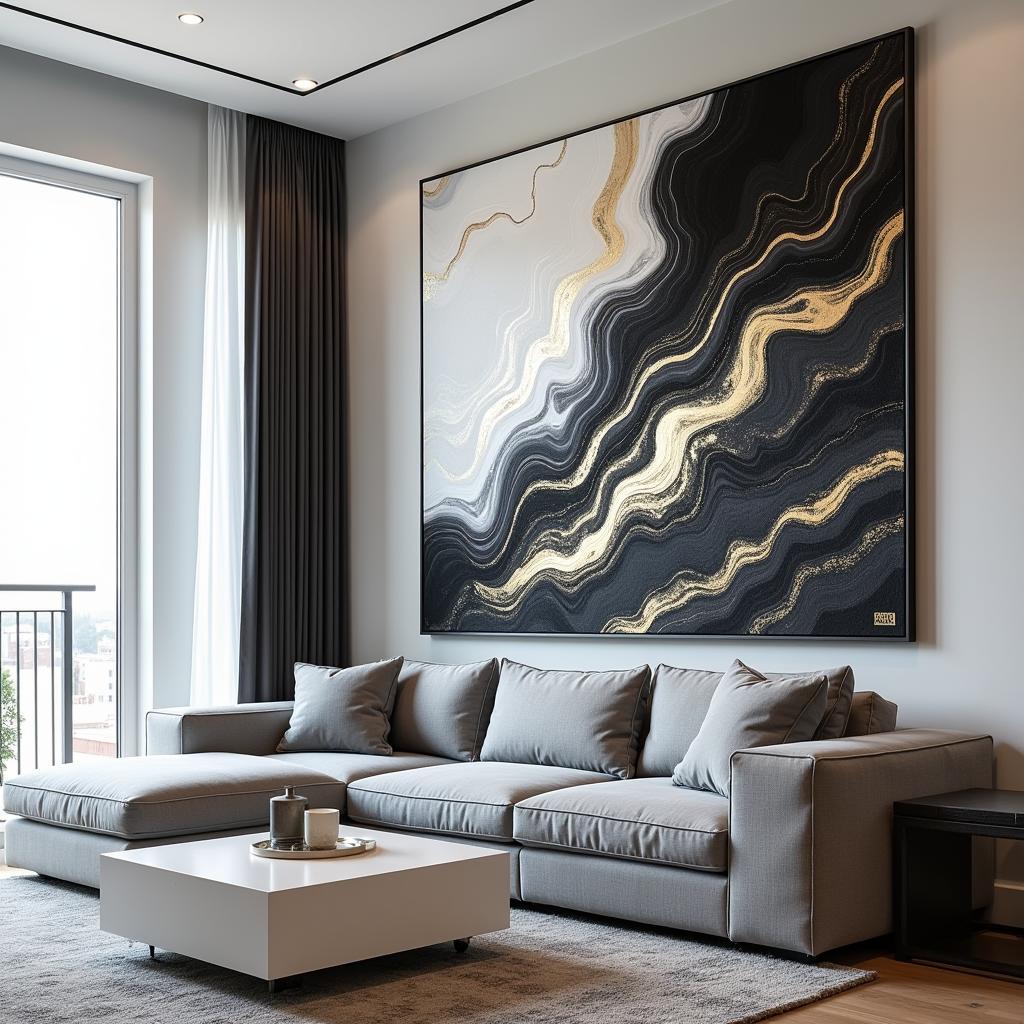 Abstract Black White Gold Wall Art in a Modern Living Room