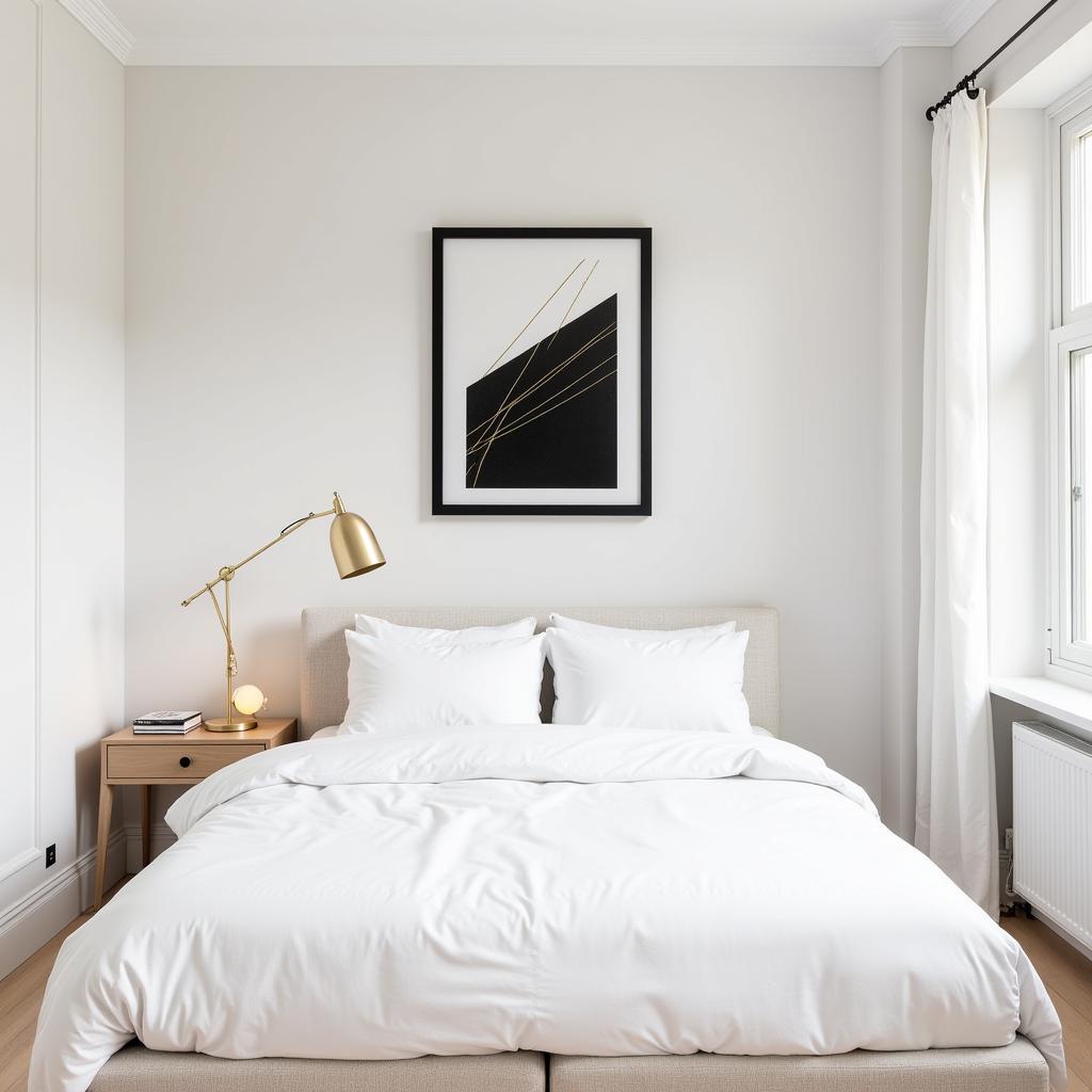 Geometric Black White Gold Wall Art in a Minimalist Bedroom