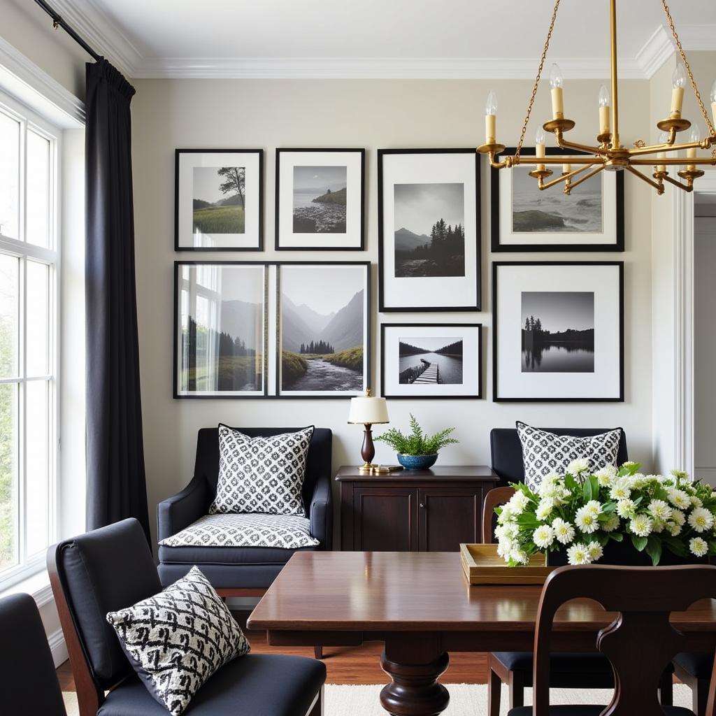 Black and White Photography with Gold Accents in a Dining Room