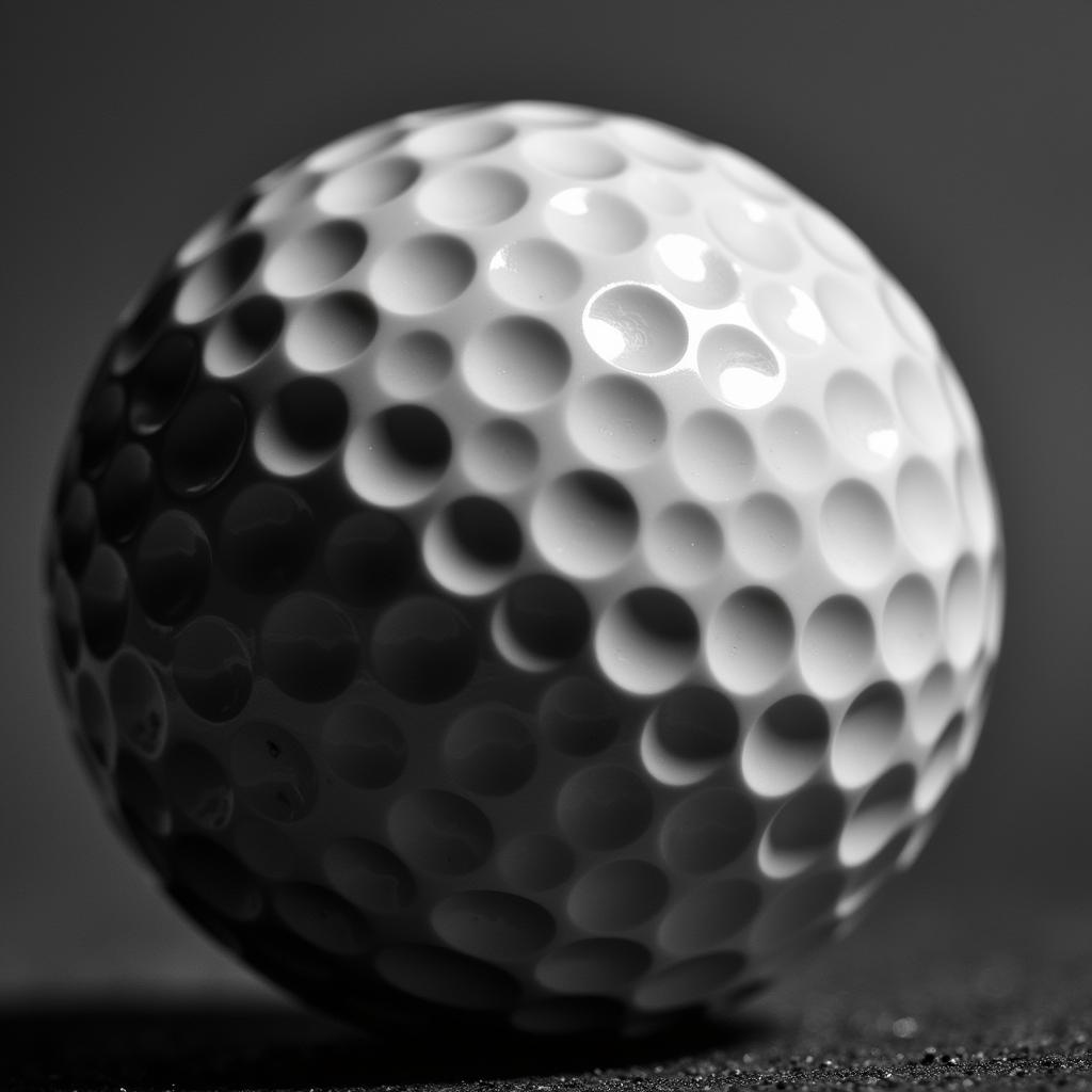 A close-up, black and white photograph of a golf ball, highlighting the texture and intricate dimple pattern.