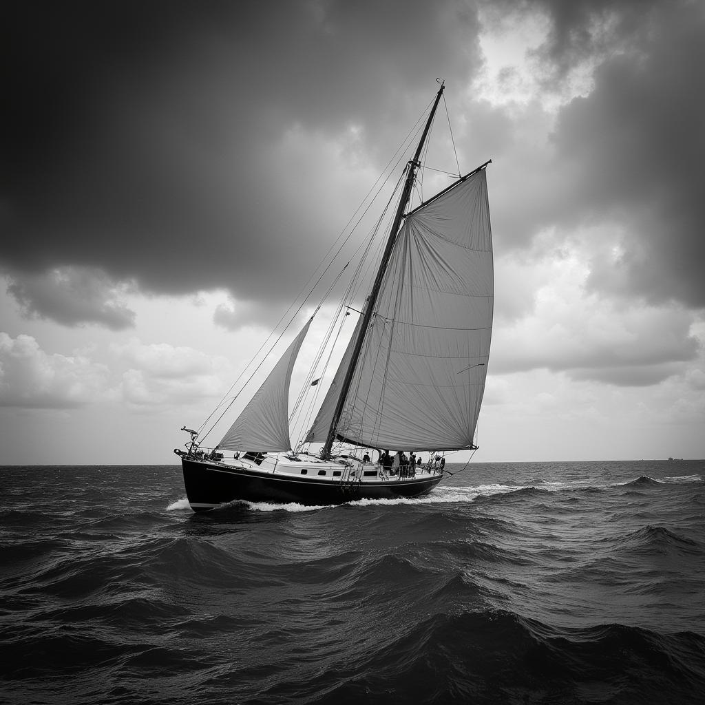 Black and white sailboat battling stormy seas