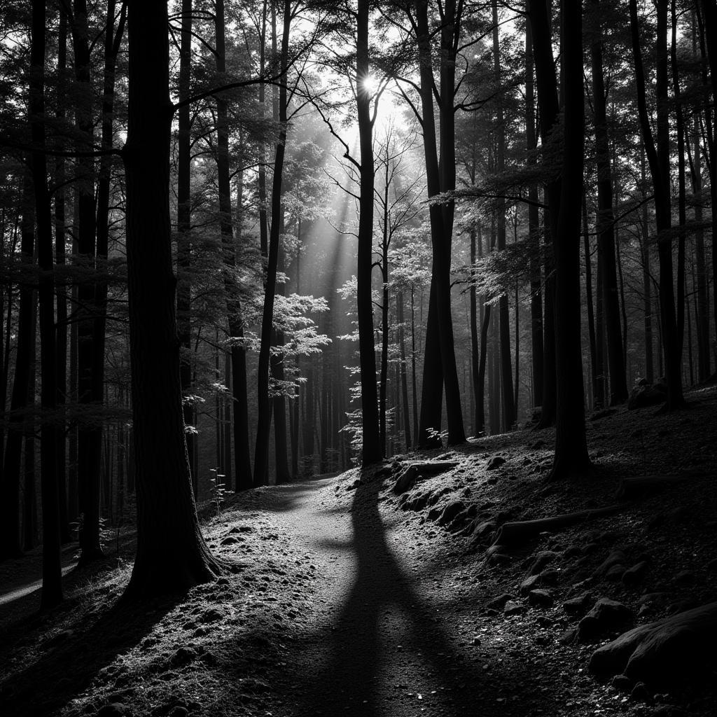 Black and White Photography of Trees in a Forest