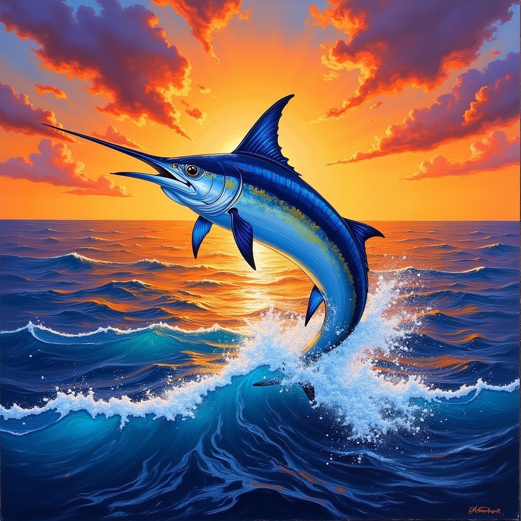 Blue Marlin Oil Painting Depicting an Ocean Scene