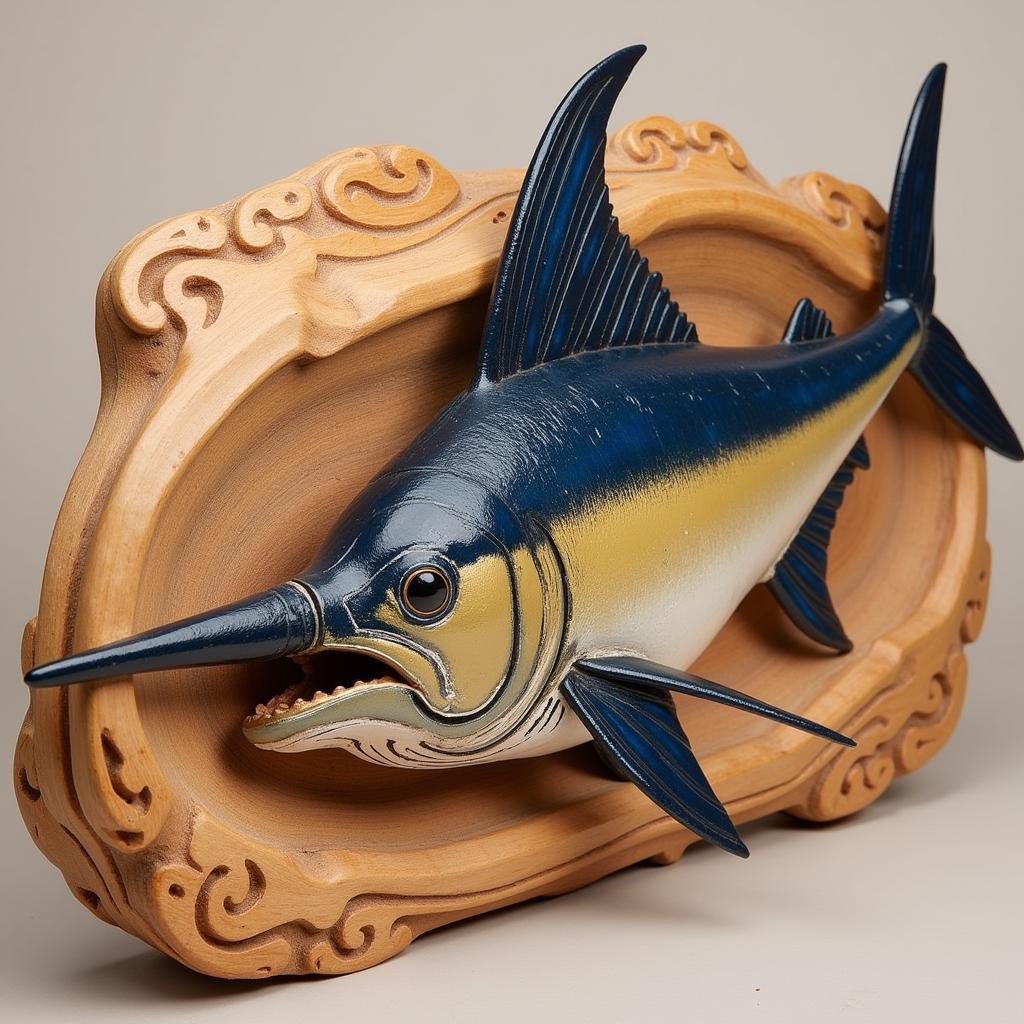 Blue Marlin Wood Carving with Intricate Details