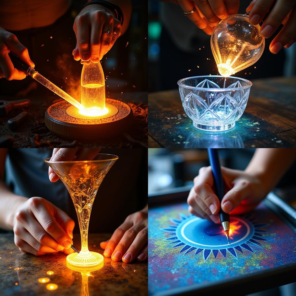 Close-up shots of various bohemian glassmaking techniques, including hand-blowing, cutting, engraving, and enameling.