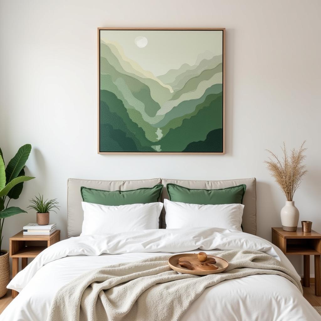 Boho Green Wall Art in a Bedroom Setting