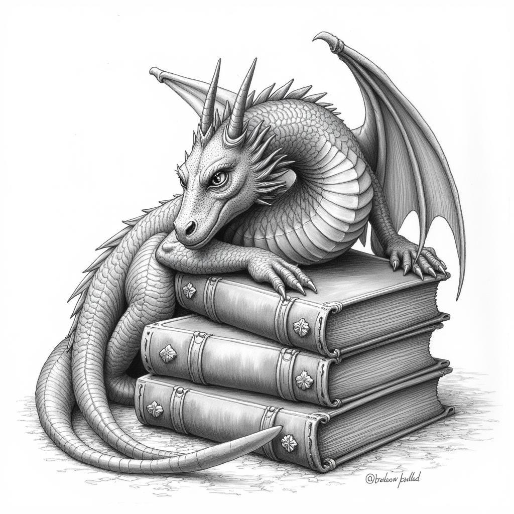 Pencil sketch of a dragon curled around a stack of books