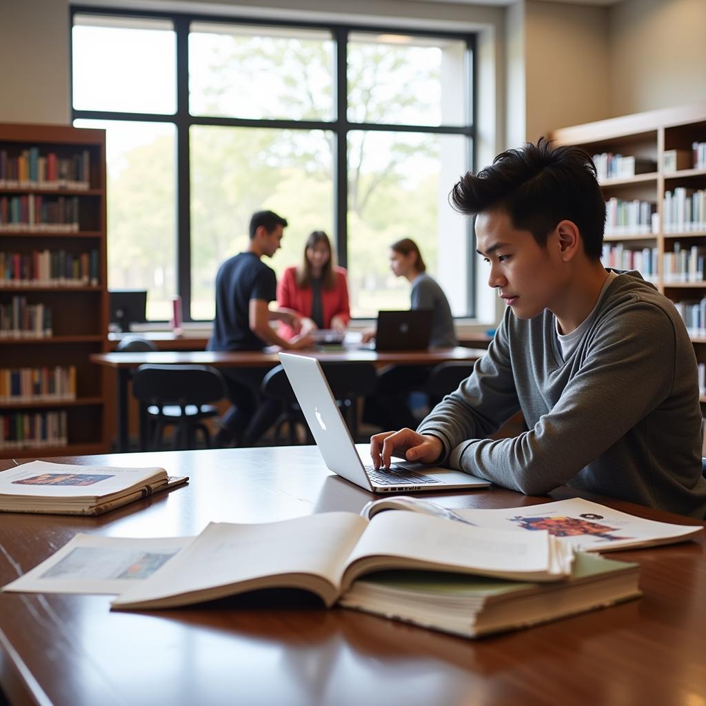 Student researching in the Boston Arts Academy library