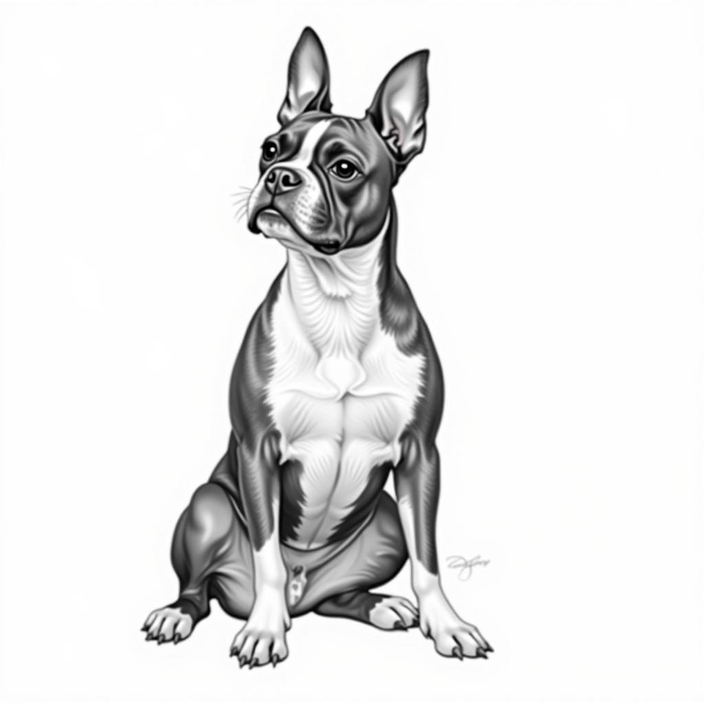 Boston Terrier Pencil Sketch in Sitting Pose