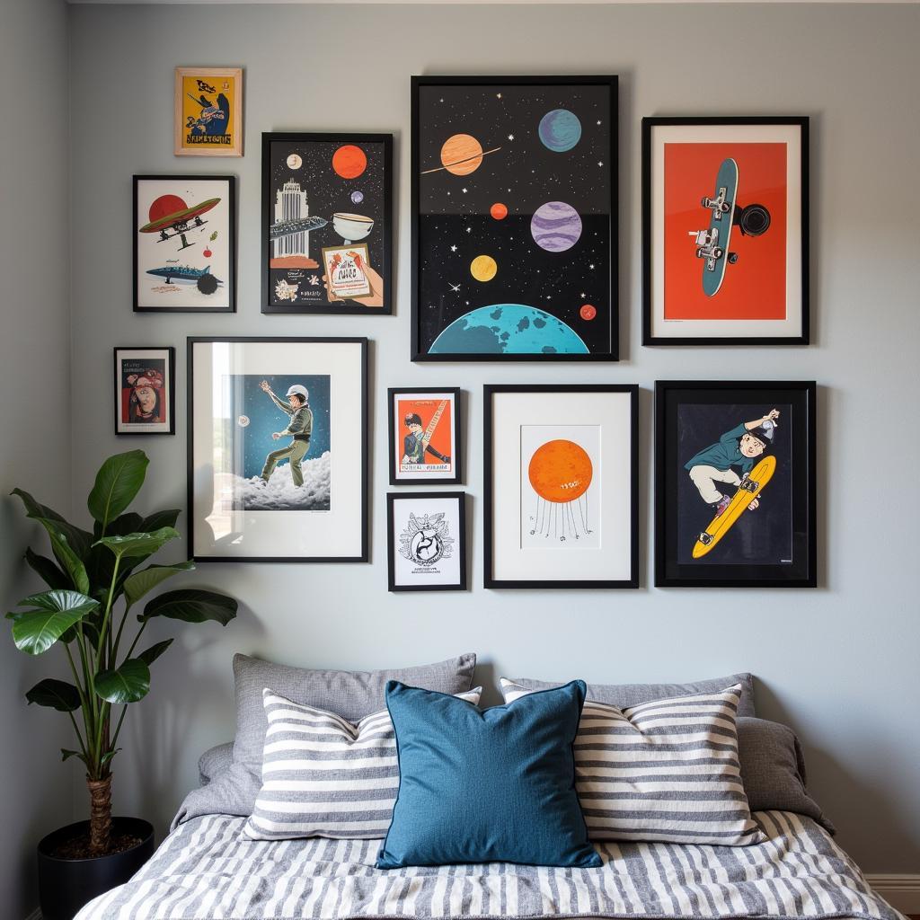 Gallery Wall in a Boy's Room with Various Themes