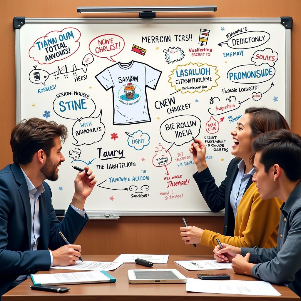 Brainstorming session for funny t-shirt designs: A group of people gathered around a table, sketching ideas and sharing jokes, highlighting the collaborative process of creative design.