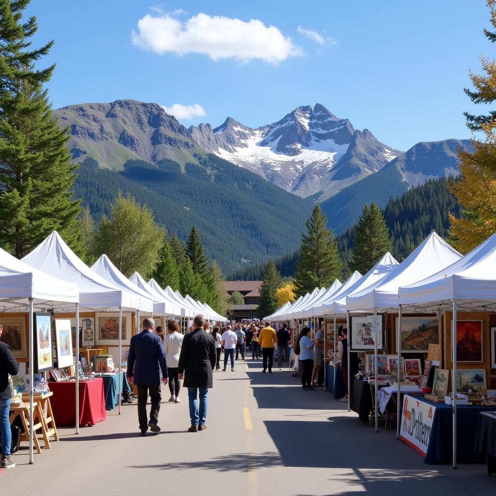 Artists showcasing their work with the Rocky Mountains in the background