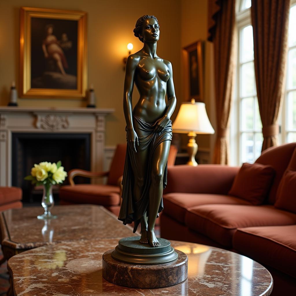 Bronze figurative sculpture enhancing the elegance of a classic living room.