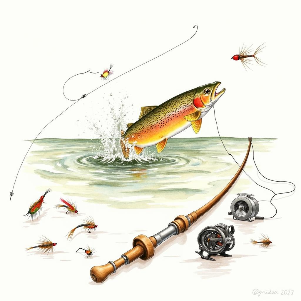 Watercolor Painting of a Brook Trout and Fly Fishing Gear