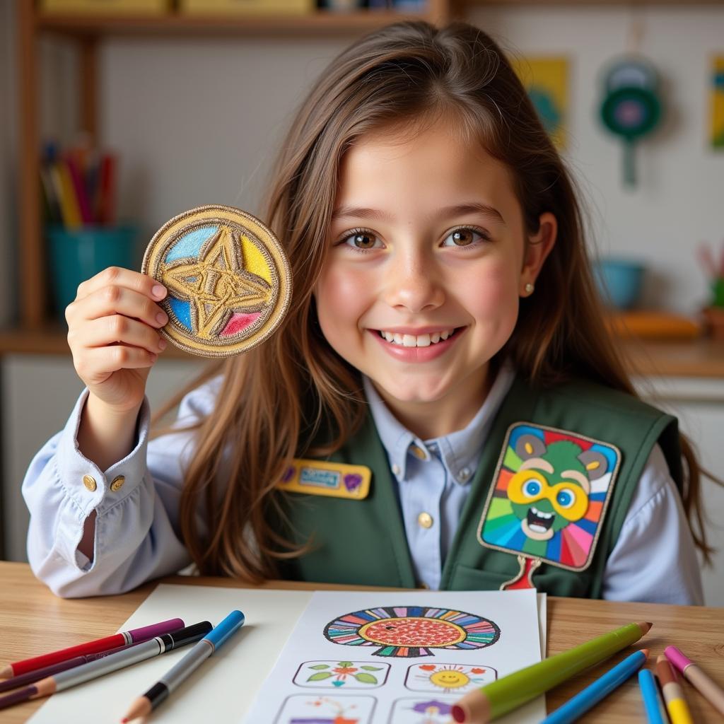 Brownie proudly displaying her earned art and design badge.