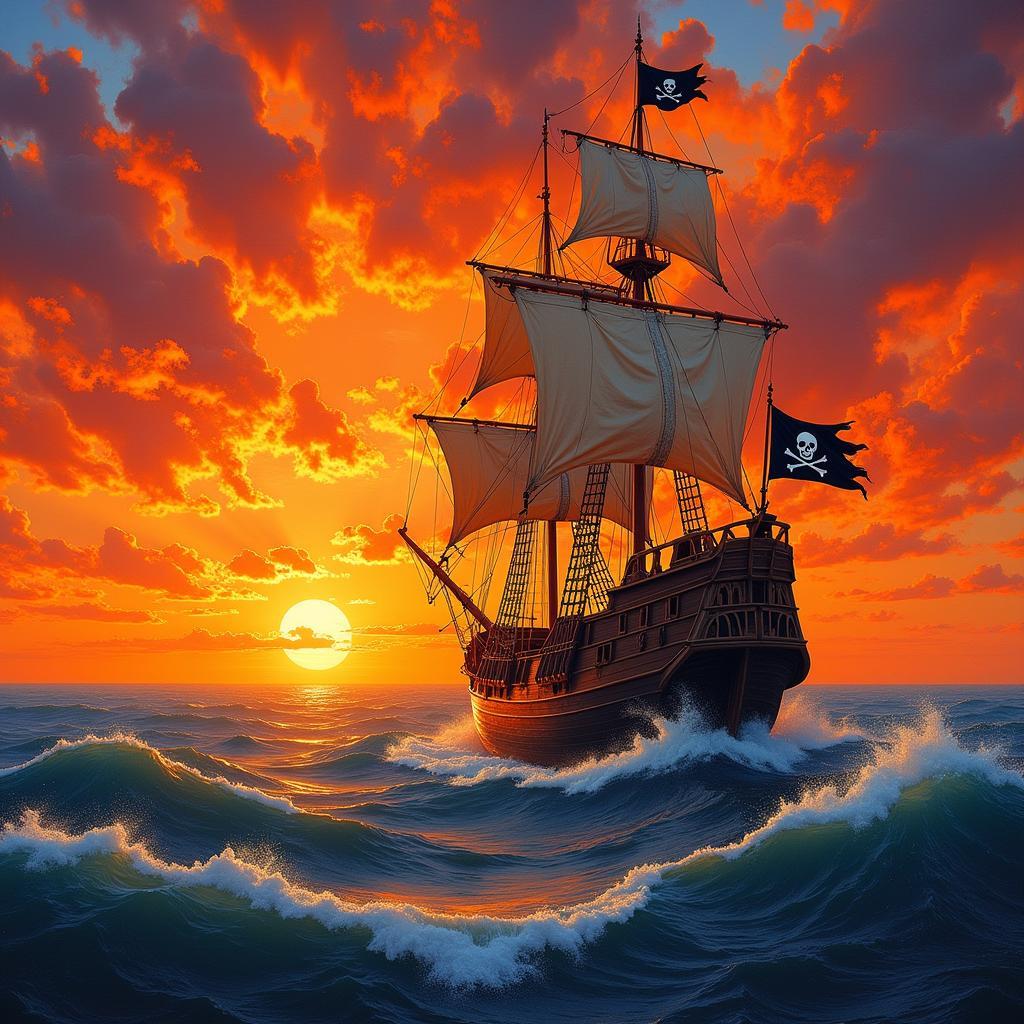 Buccaneer Ship Painting at Ocean Sunset