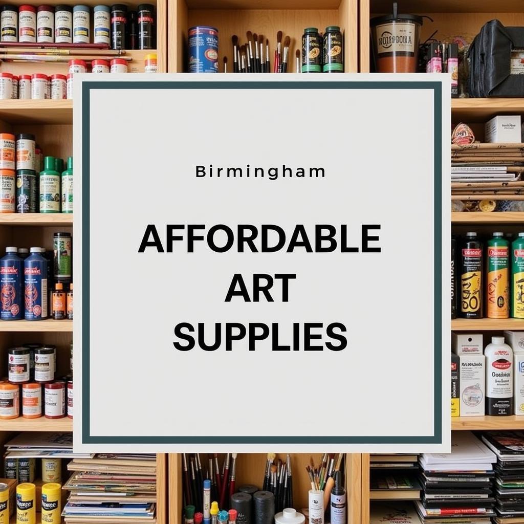 Budget-friendly art supplies arranged on shelves in a Birmingham art store.