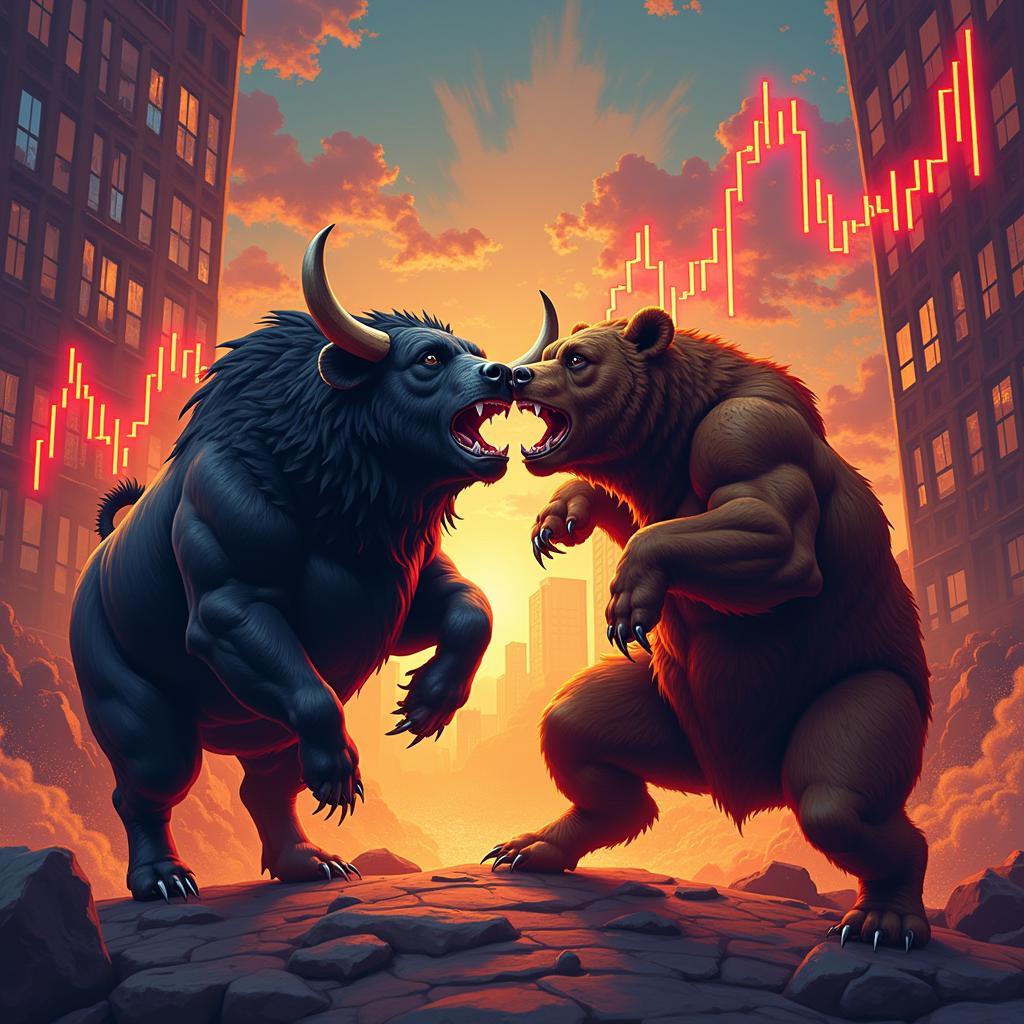 Digital Painting of Bull and Bear Locked in Struggle