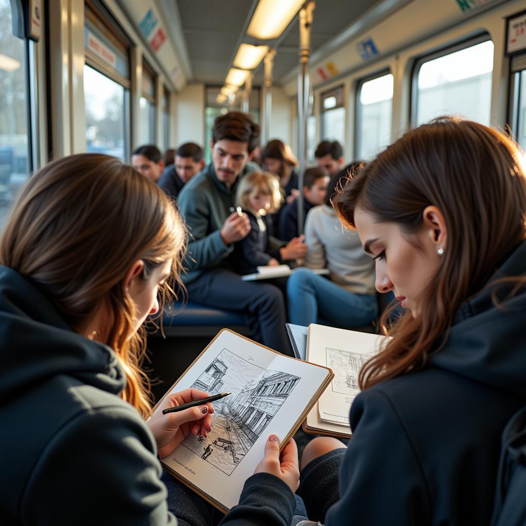 Busy Artist Sketching During Commute