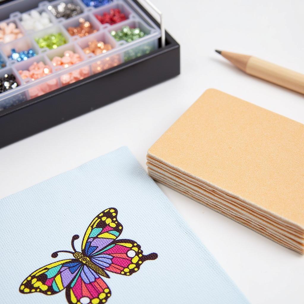 Close-up of a butterfly diamond art kit showing the colorful resin diamonds and tools.