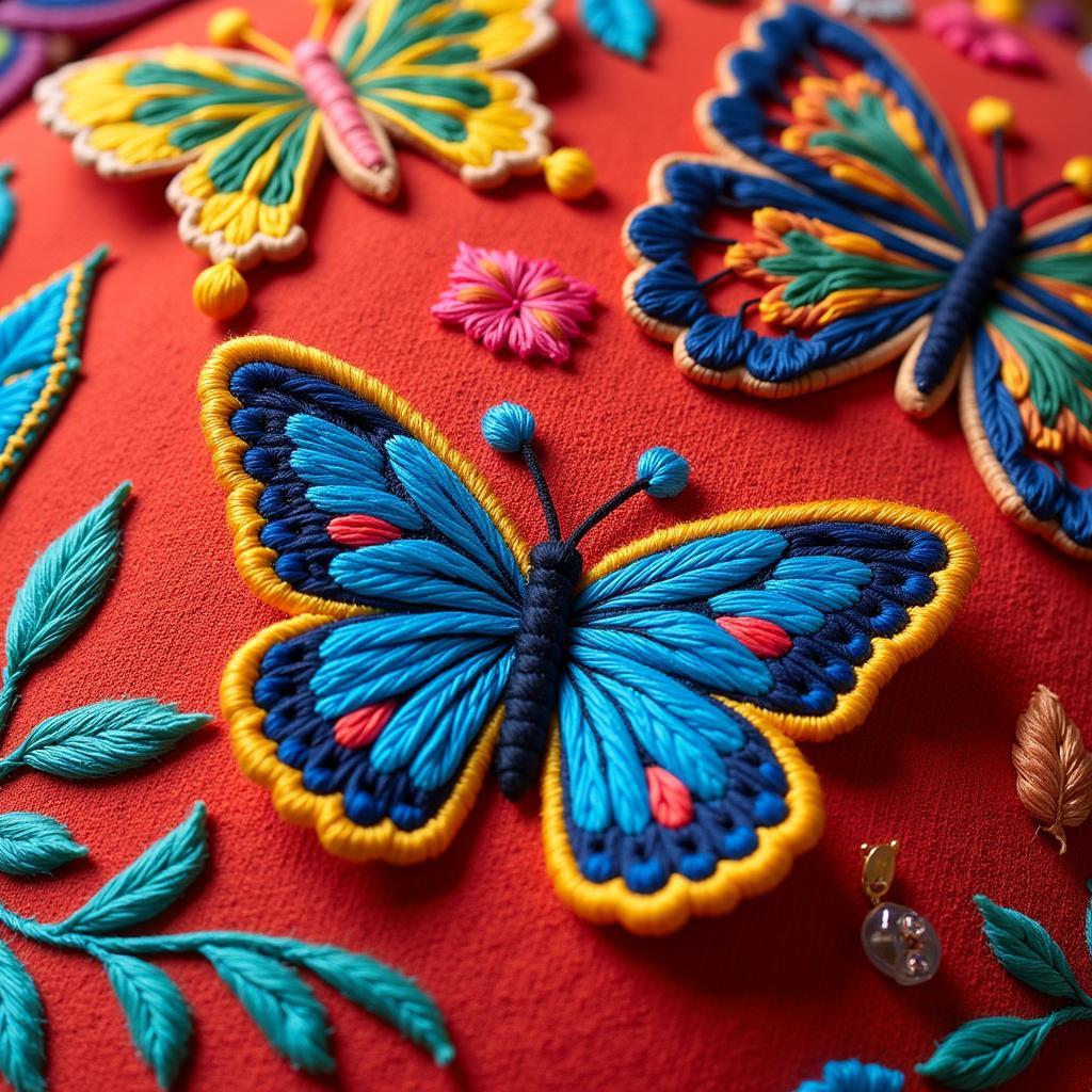 A colorful textile with embroidered butterfly motifs, showcasing the vibrant colors and intricate details of this folk art form.