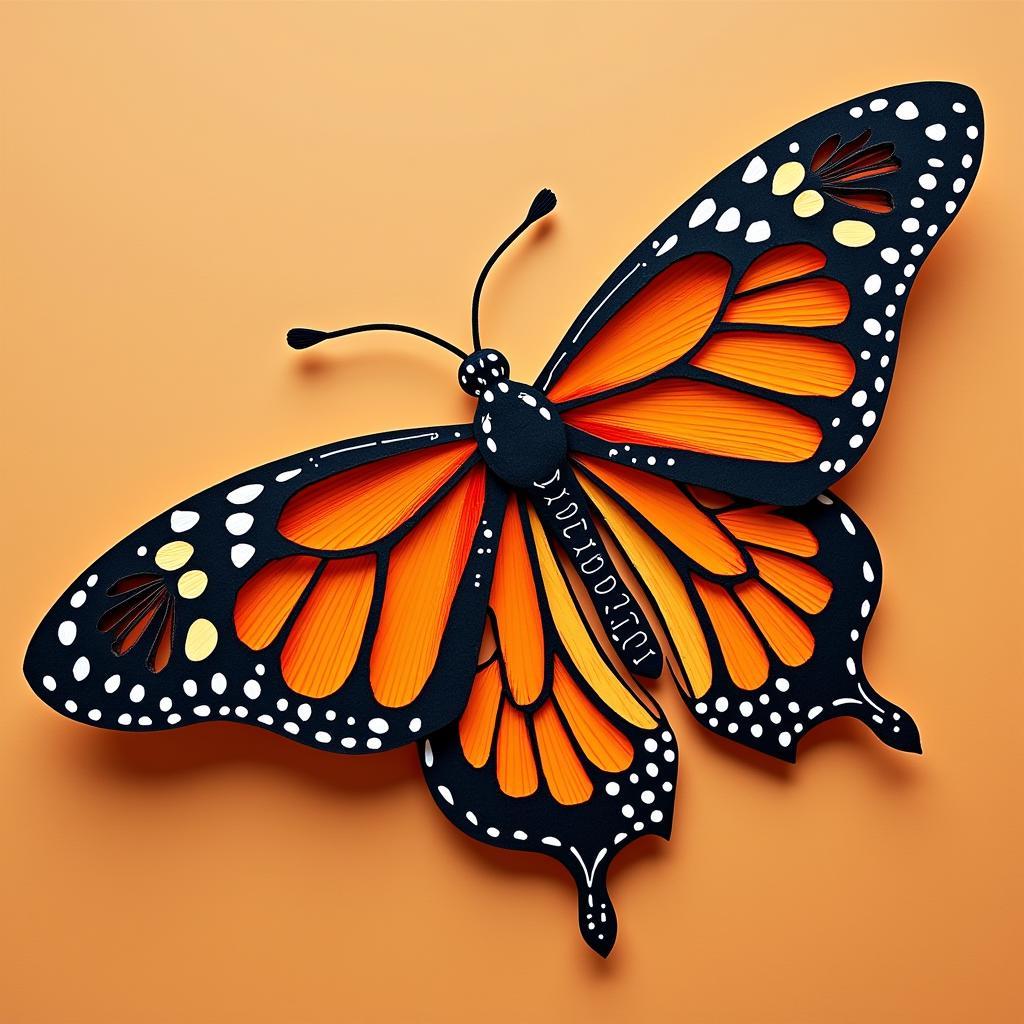 Intricate paper cutting depicting a monarch butterfly, showcasing the delicate details and vibrant orange and black hues characteristic of butterfly folk art.