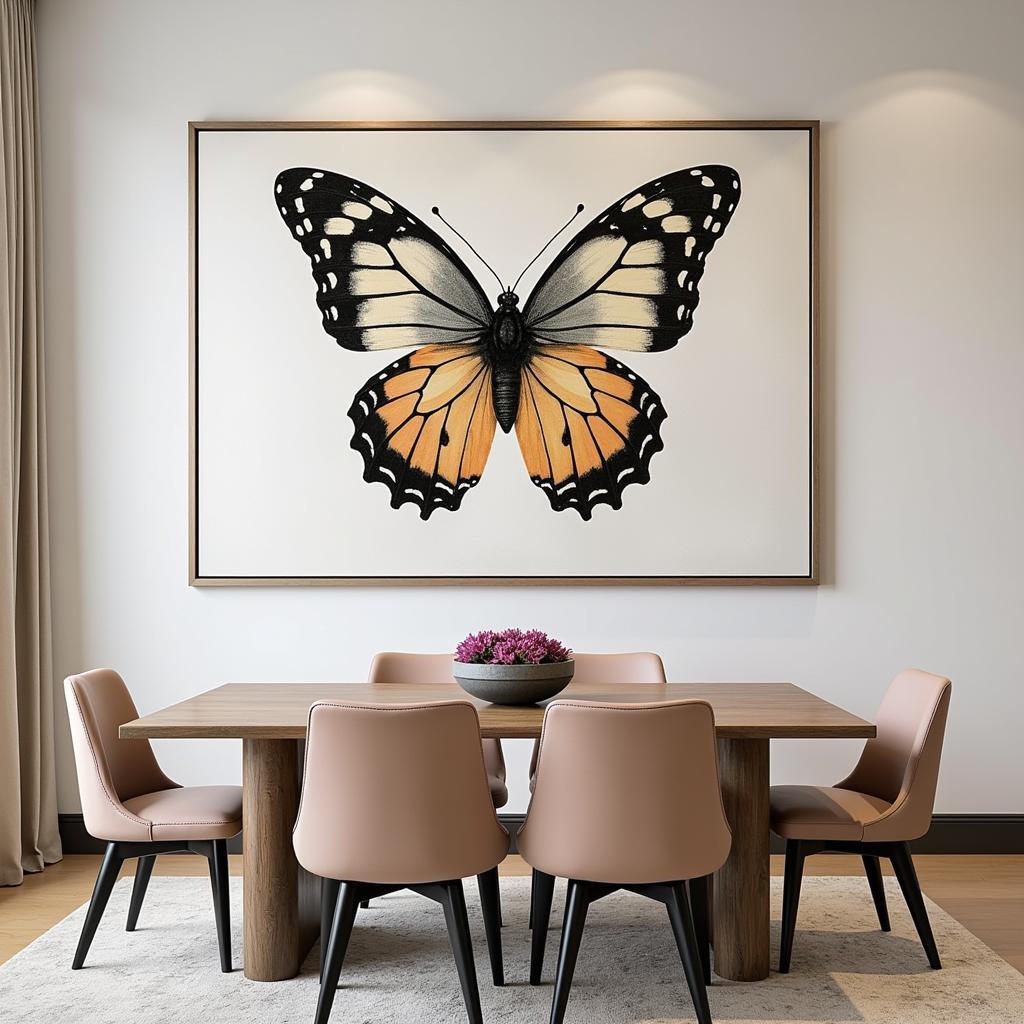 Butterfly wall art framed in a dining room