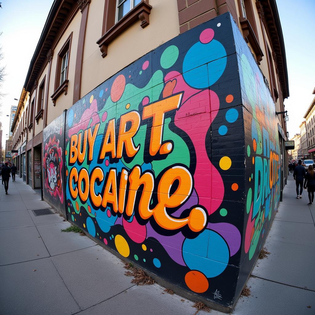 Street Art Mural Featuring the "Buy Art Not Cocaine" Slogan