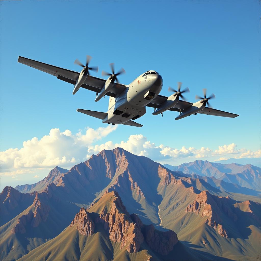 C-130 Hercules in flight over mountains