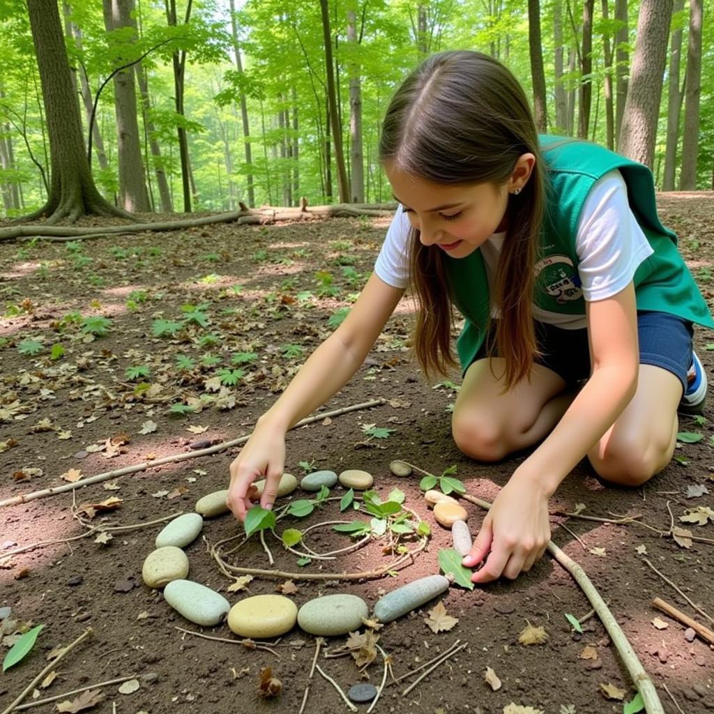 Cadette Girl Scout Creating Land Art