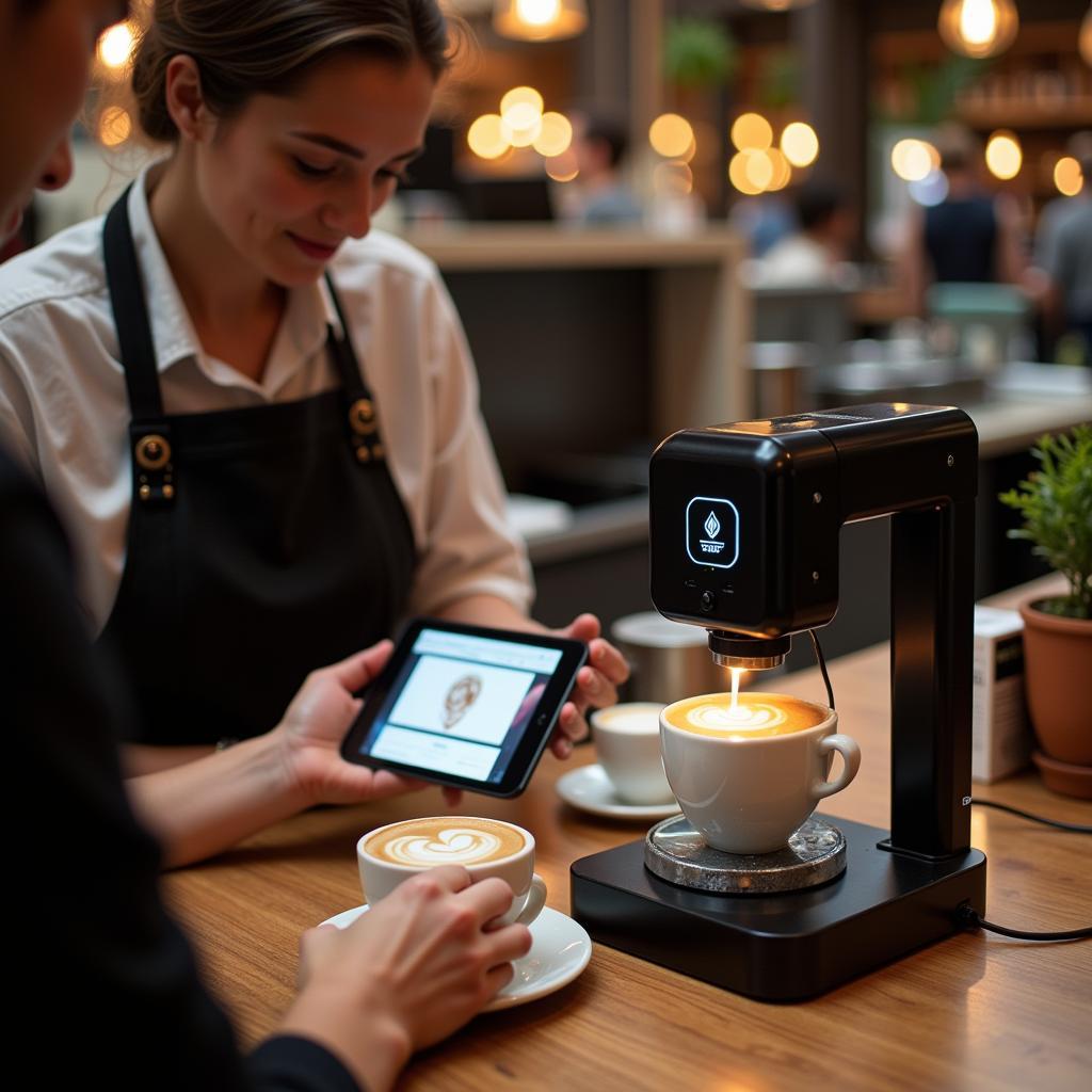 Cafe barista using a latte art printer for customer orders