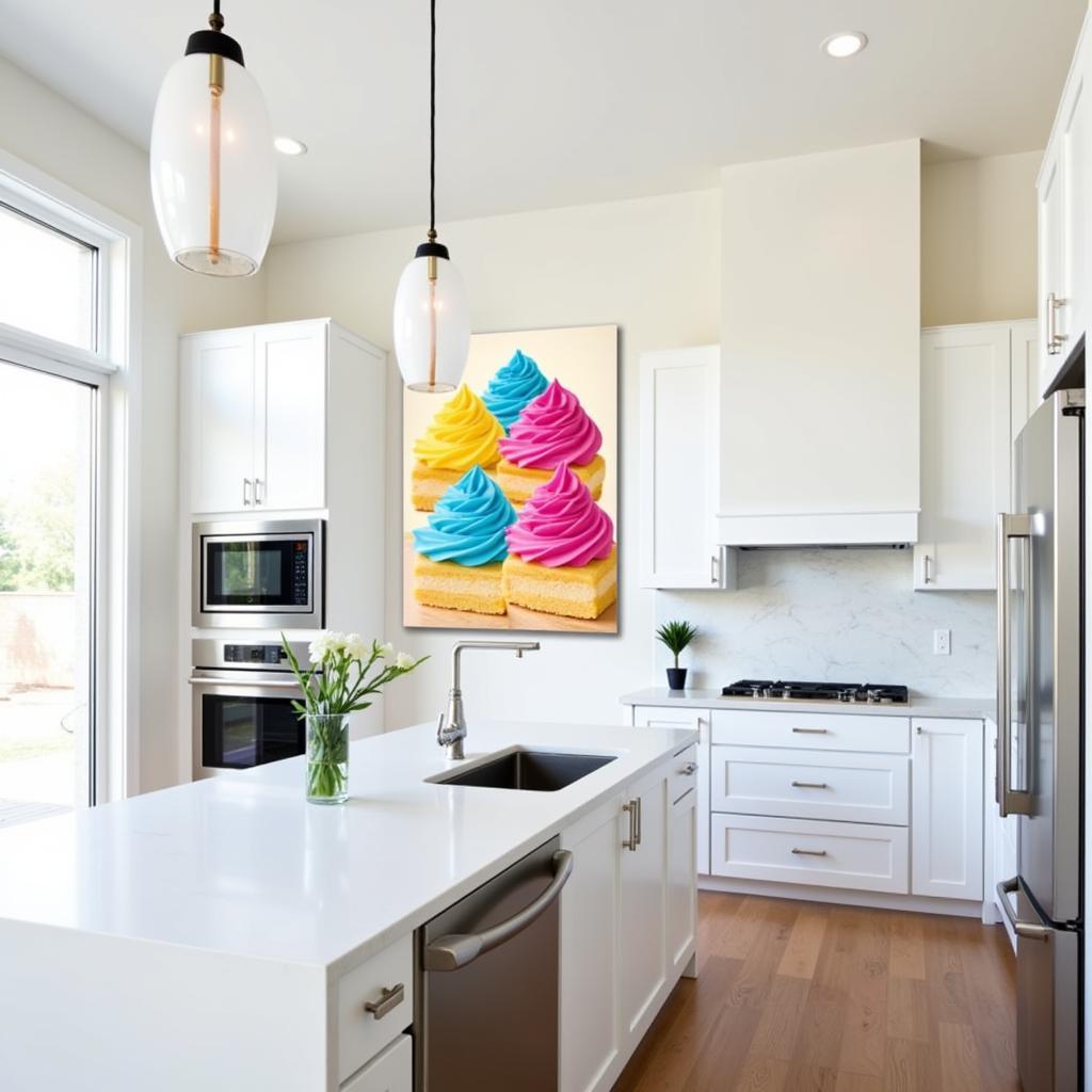 Modern Kitchen with Vibrant Cake Wall Art