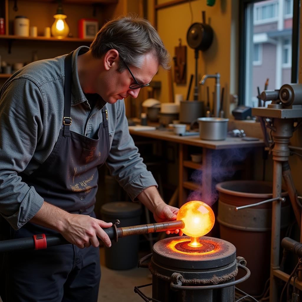 Canadian glassblowing artist working with molten glass