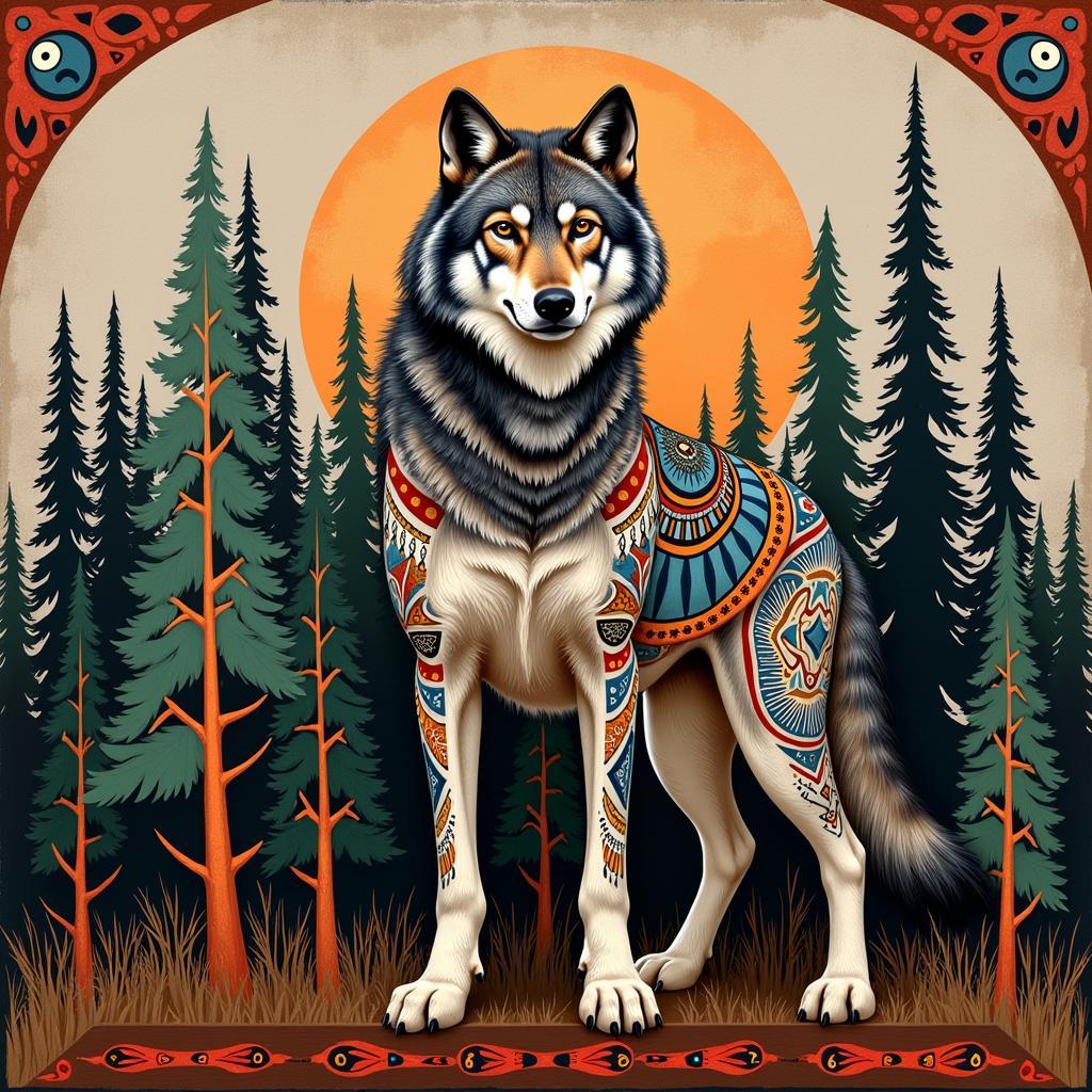 Canvas Art Wolf: Native American Style Depiction