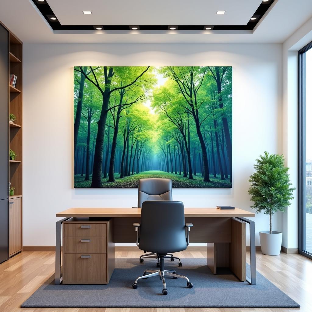 Modern Office with Canvas Tree Art