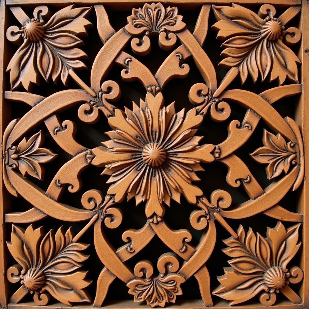 Intricate Floral Carved Wood Wall Art from India