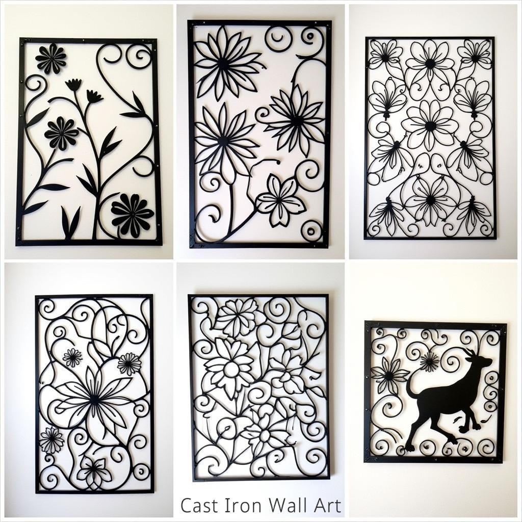 Various designs of cast iron wall art, including floral, geometric, and animal figures, showcase the versatility of this art form.