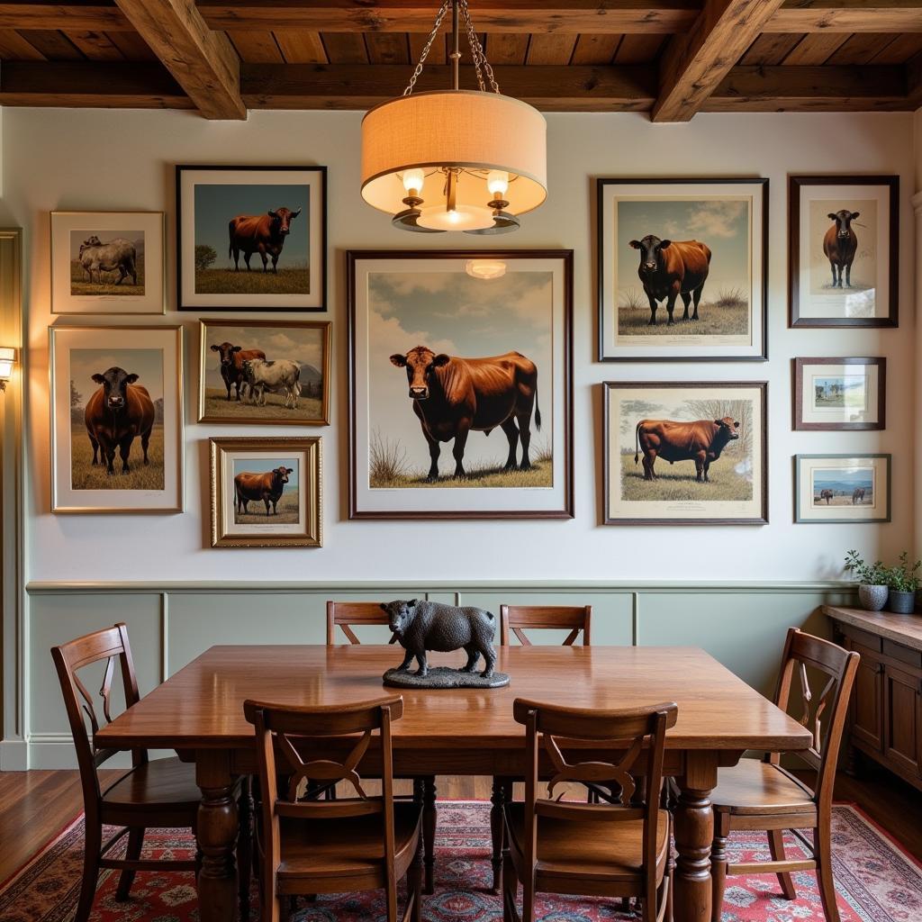 A cattle-themed gallery wall in a dining room