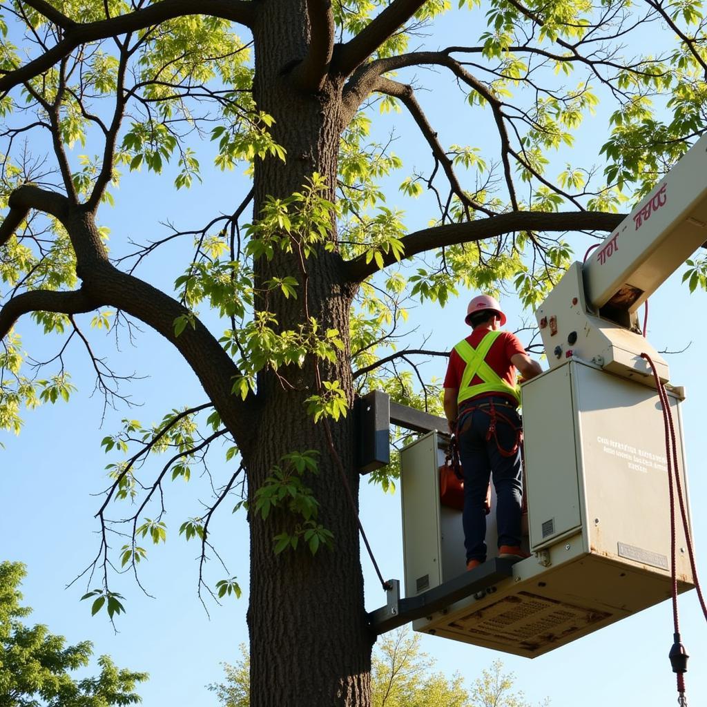 Certified arborist working safely with equipment