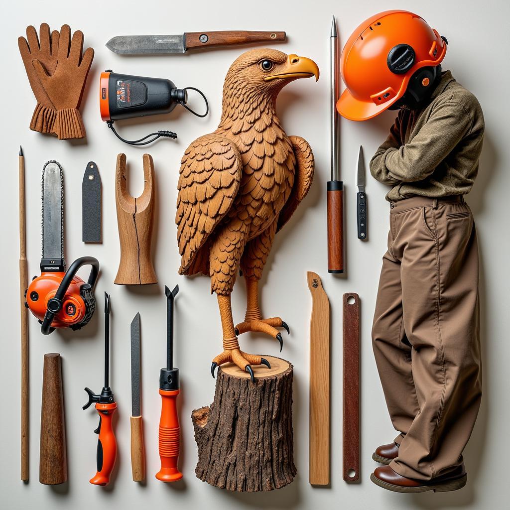 Chainsaw carving tools and safety gear for eagle sculpture