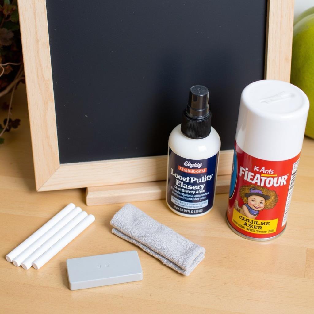 Chalkboard fall art supplies including chalk, eraser, and fixative spray.