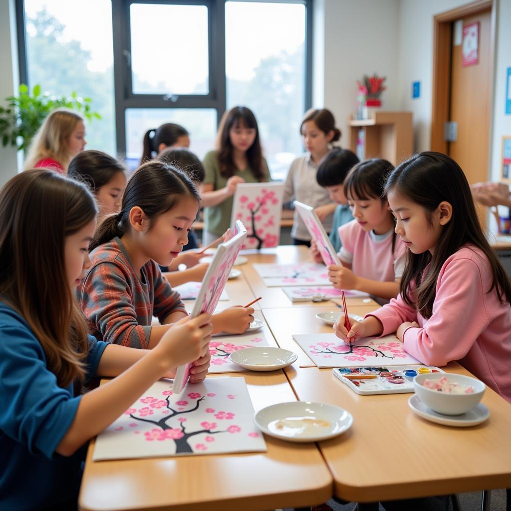 Students engaged in a cherry blossom art project, painting cherry blossoms on canvases.