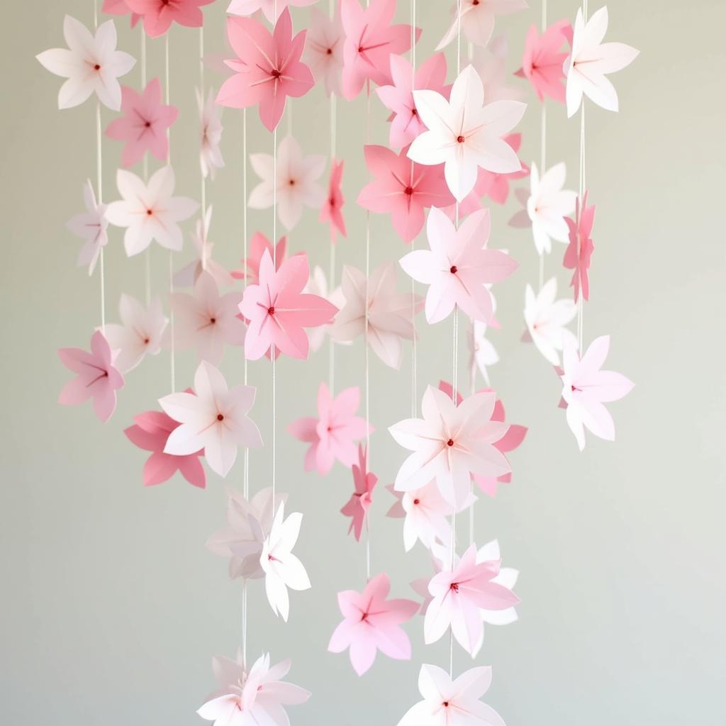 A handmade mobile featuring cascading cherry blossoms crafted from pink and white paper.