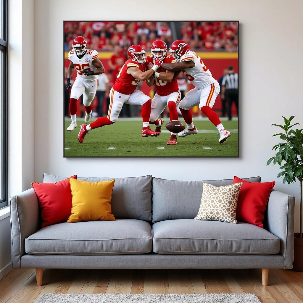 Chiefs canvas wall art displayed prominently in a modern living room, showcasing team colors and iconic imagery.