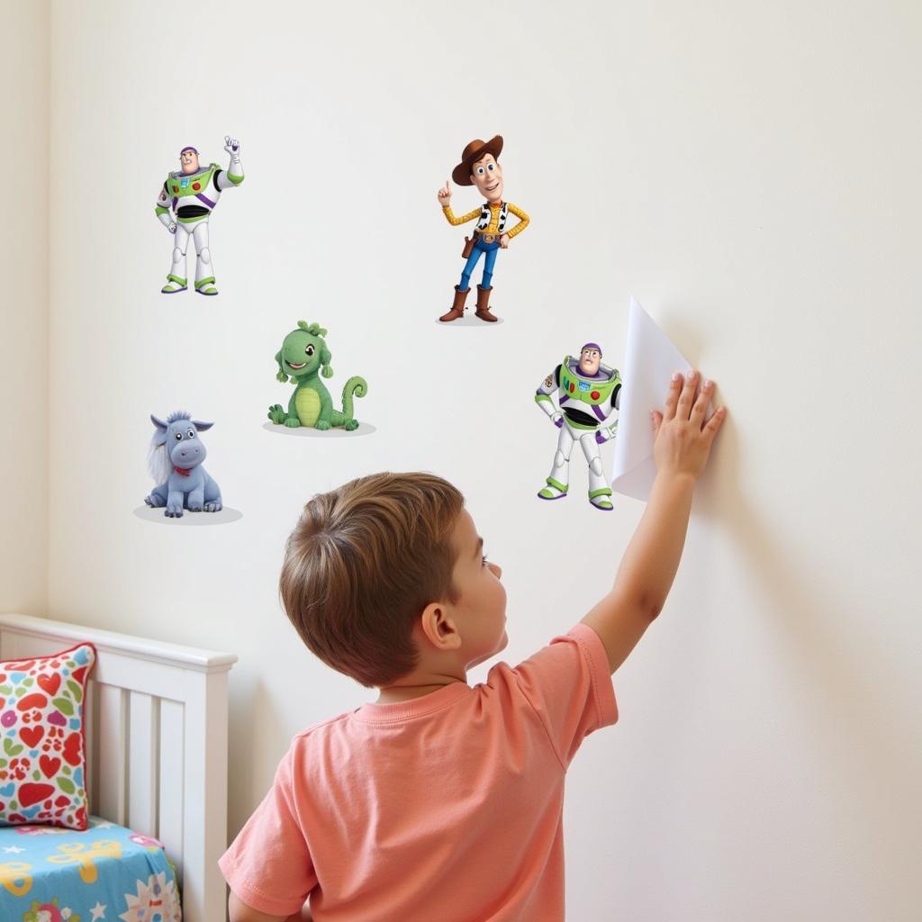 Child Applying Toy Story Wall Stickers