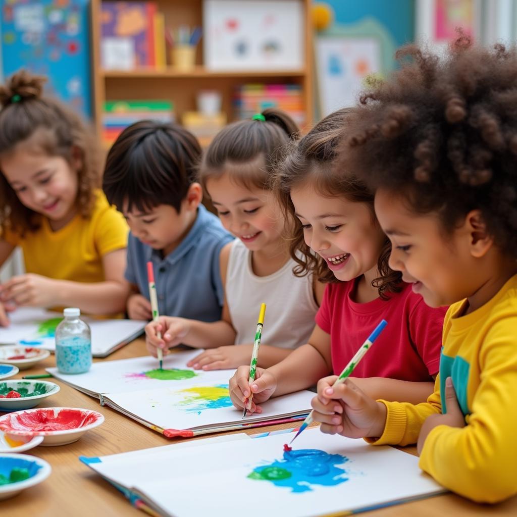 Children engaged in creative activities inspired by art books.