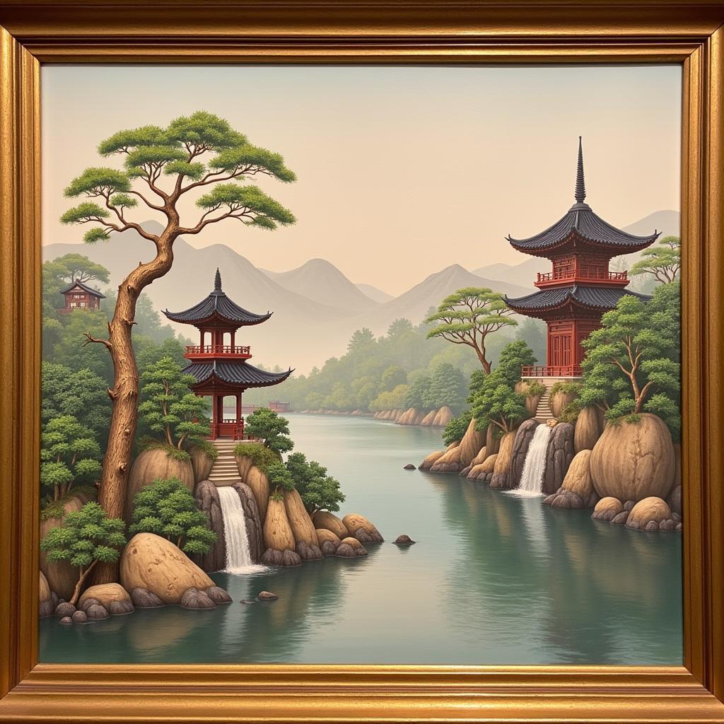 Chinoiserie Framed Art Depicting a Serene Landscape